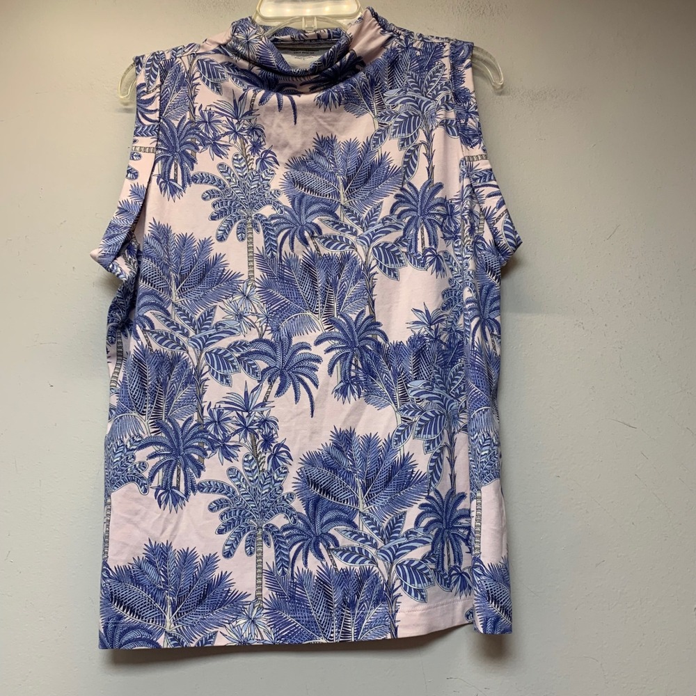 J. Jill Mock-Neck Top Women L Pink NWT Luxe Supima Shirred Palm Print Sleeveless